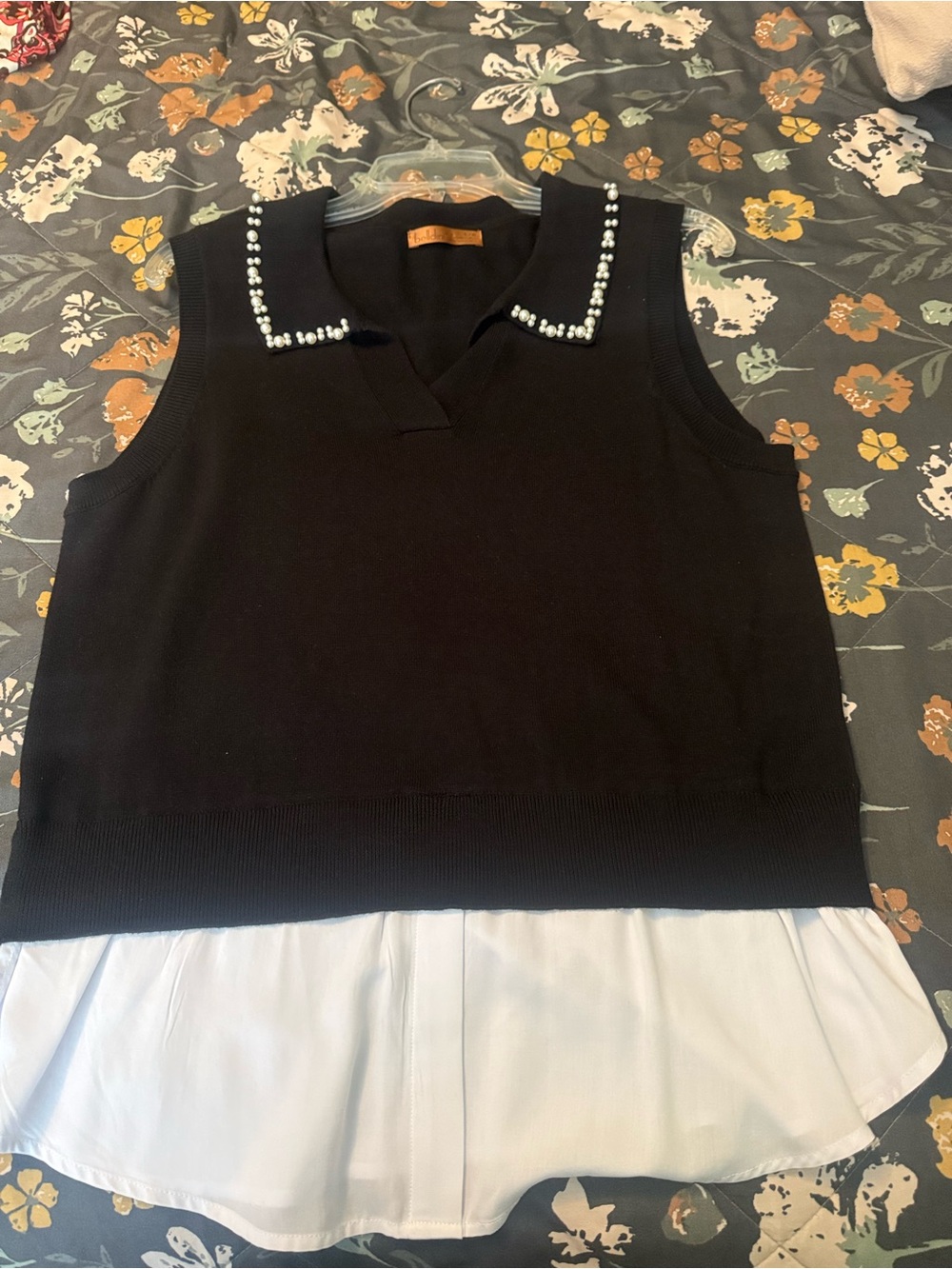 Pearl-Trim Black Sleeveless Sweater Shell Top